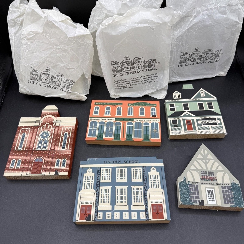 Vtg 1987 The Cat's Meow Village Series V Signed Feline Lot of 5 Tavern Shoe